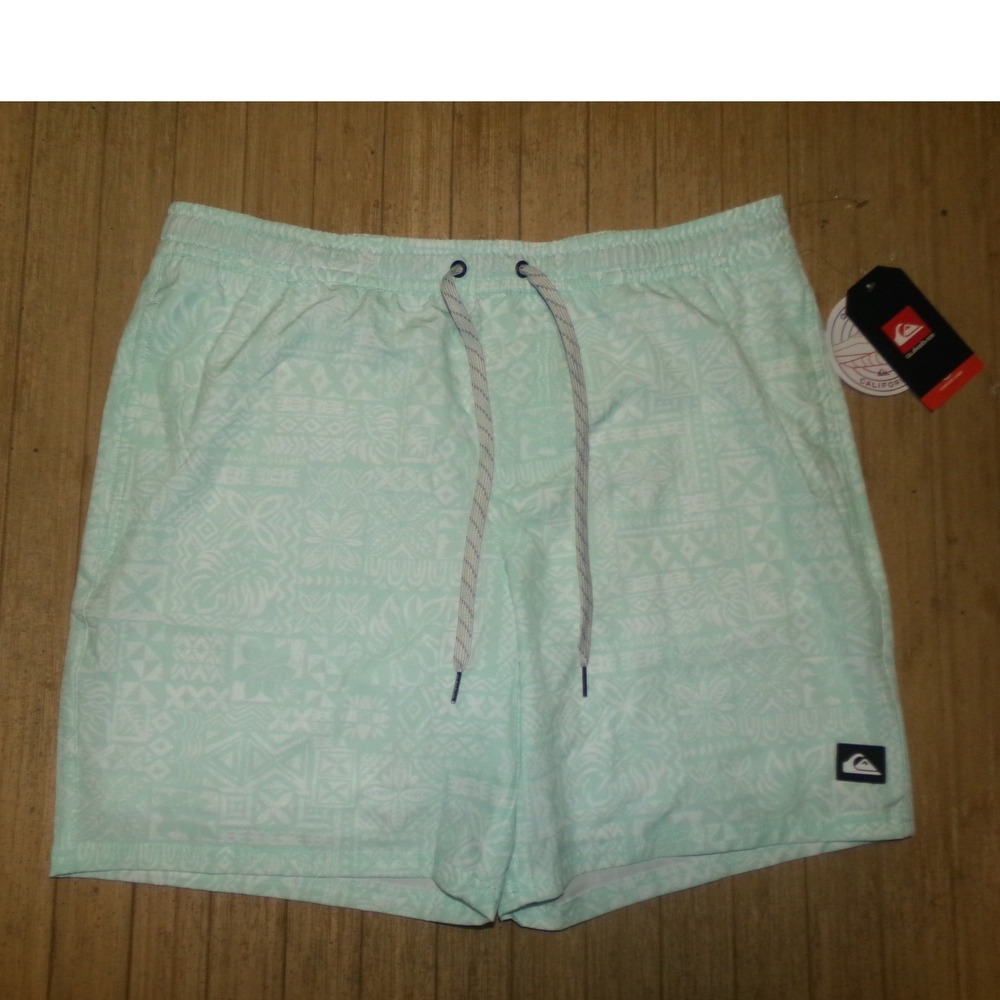 Quiksilver Mens SZ LRG Swim Volley 7" Shorts Mint Green Tribal Print
